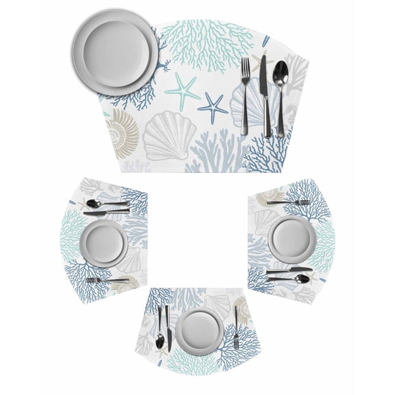 Blue Aqua Grey Coastal Wedge Shaped Placemats Set of 2, Cotton Linen Fan Place Mats, Summer Beach Coral Shell Starfish Washable Table Mats for Holiday Wedding Party Dinning Coffee Tables 11.8"x17.5"