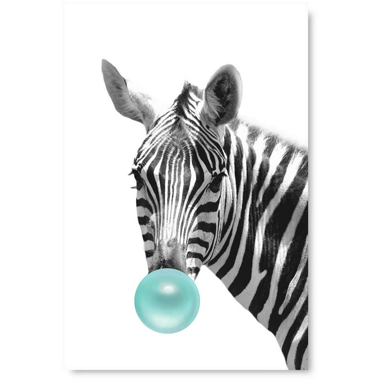 Awkward Styles Cute Zebra Poster Zebra Chewing Blue Bubble Gum Animal  Poster Wall Art Digital Collage for Room Decor Photo Artwork Blue Gum Animal  Gift Made in USA Fine Art Print Animal