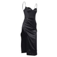 thumbnail image 3 of Women Summer Skirt, Solid-Color Spaghetti Straps V-Neck High Slit Slip Dress, 3 of 10