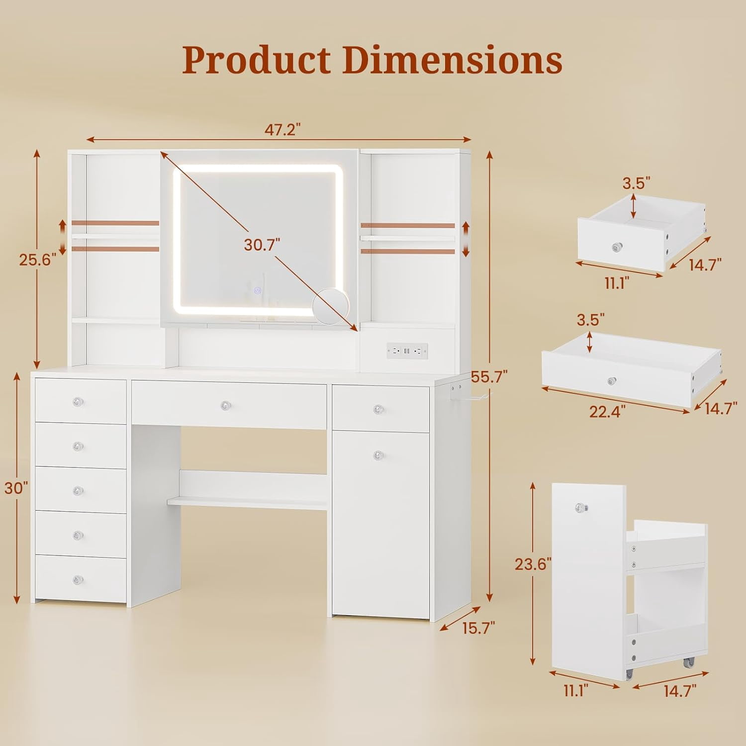 47.2“ Large Vanity Desk with Mirror and Lights,Power Outlet,7 Drawers,Pull-Out LED Mirror with 3 Light Modes,Brightness Adjustable,Rolling Makeup cart,Crystal Handles, hairdryer Rack,White