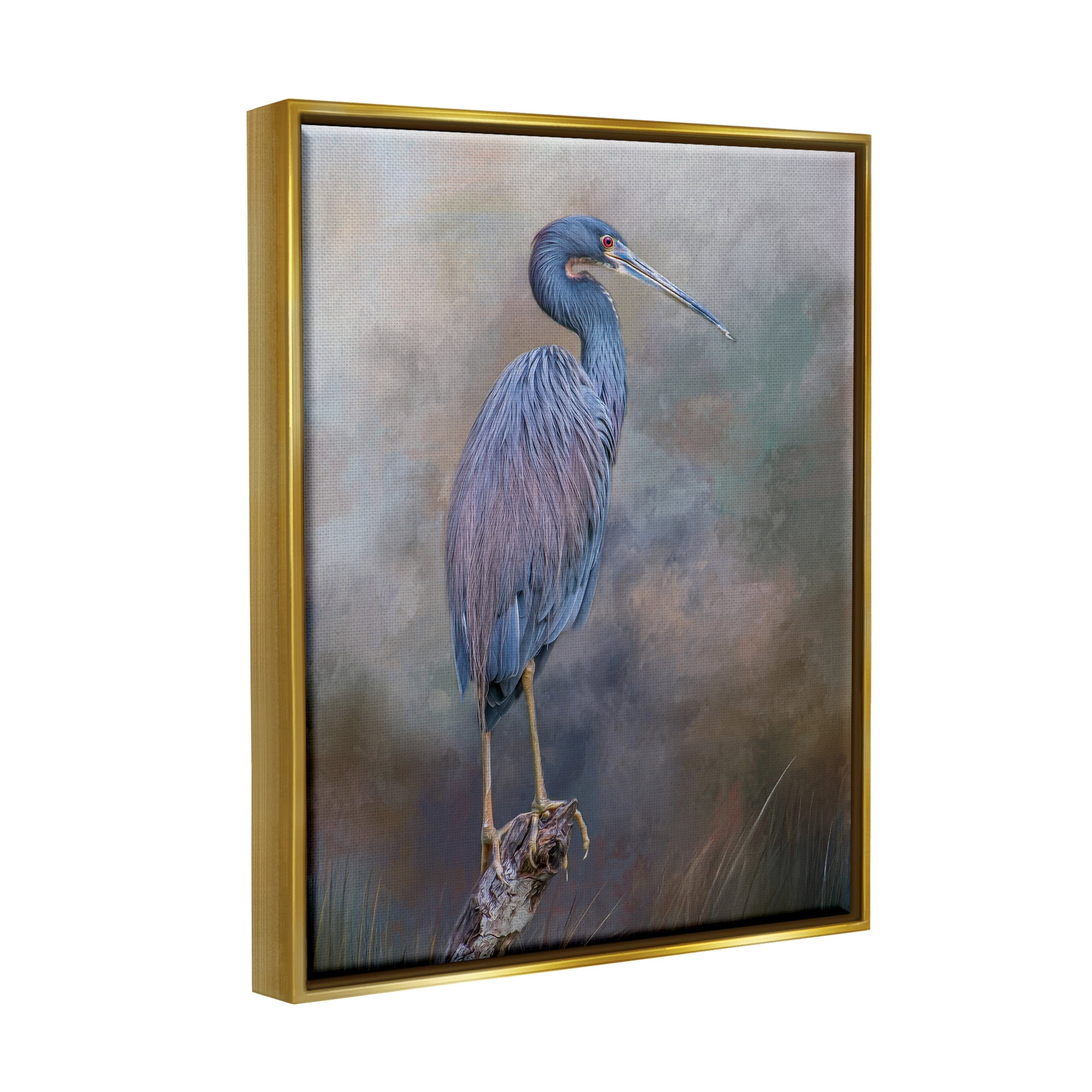 Stupell Heron Bird Perched Woodland Branch Animals & Insects Photography Gold Floater Framed Art Print Wall Art