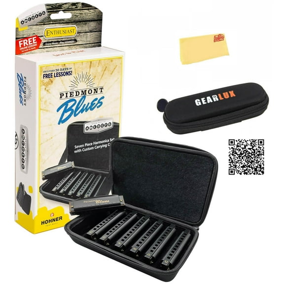 Hohner Piedmont Blues Harmonica 7 Pack - Keys of G, A, Bb, C, D, E, F Bundle with Case, Zip Pouch, Online Manual, and Austin Bazaar Polishing Cloth