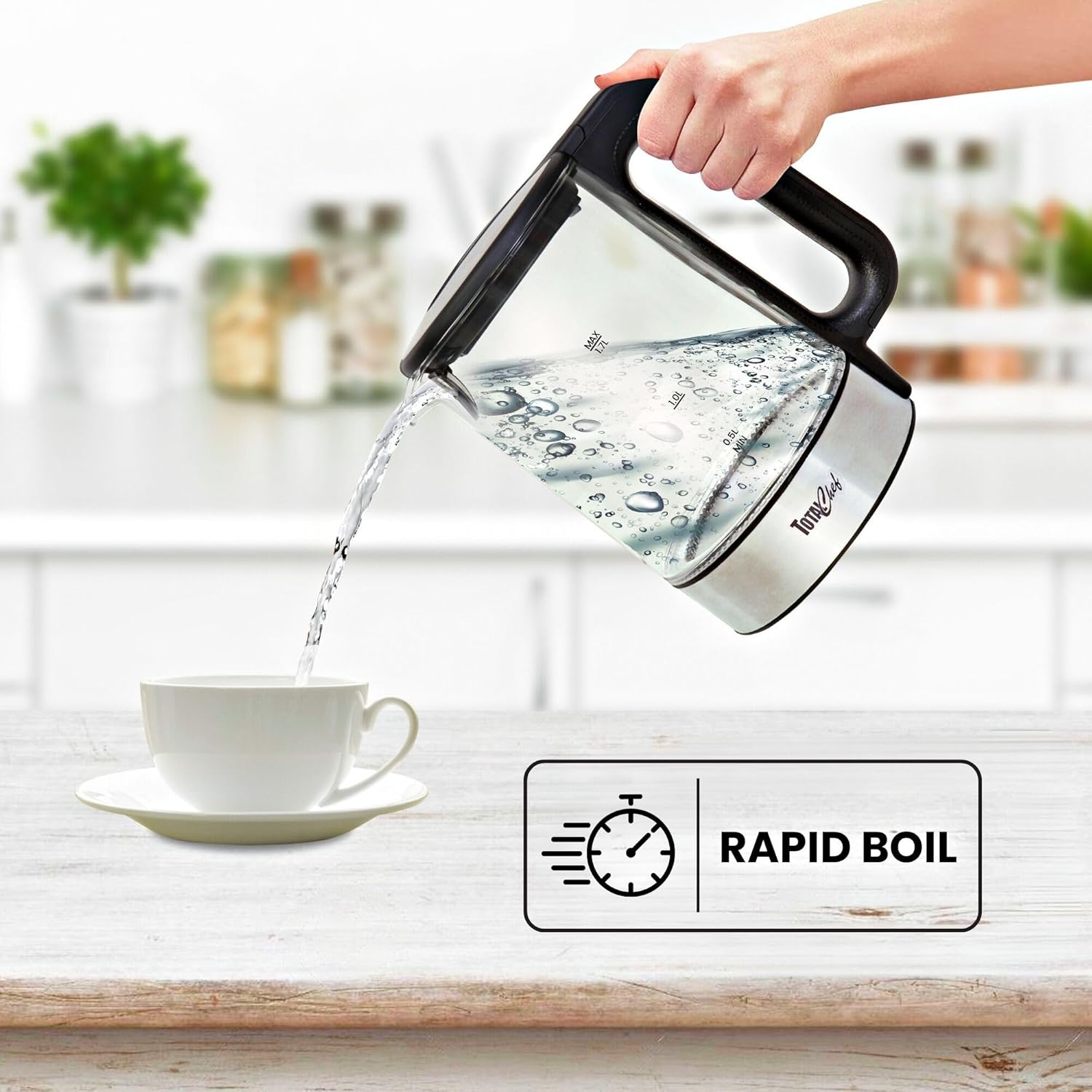 Total Chef Electric Glass Kettle 1.7L – Fast Boil, BPA-Free Borosilicate Glass, LED Light, Auto Shut-Off, Boil-Dry Protection, Cordless Water Boiler for Tea & Coffee, Kitchen Appliance