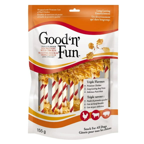 Good ’n’ Fun Sucettes Doubles Triple Saveur avec Poulet, Gâterie pour tous les chiens, 155g