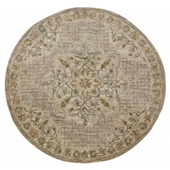 6’ Round Beige Distressed Medallion Area Rug