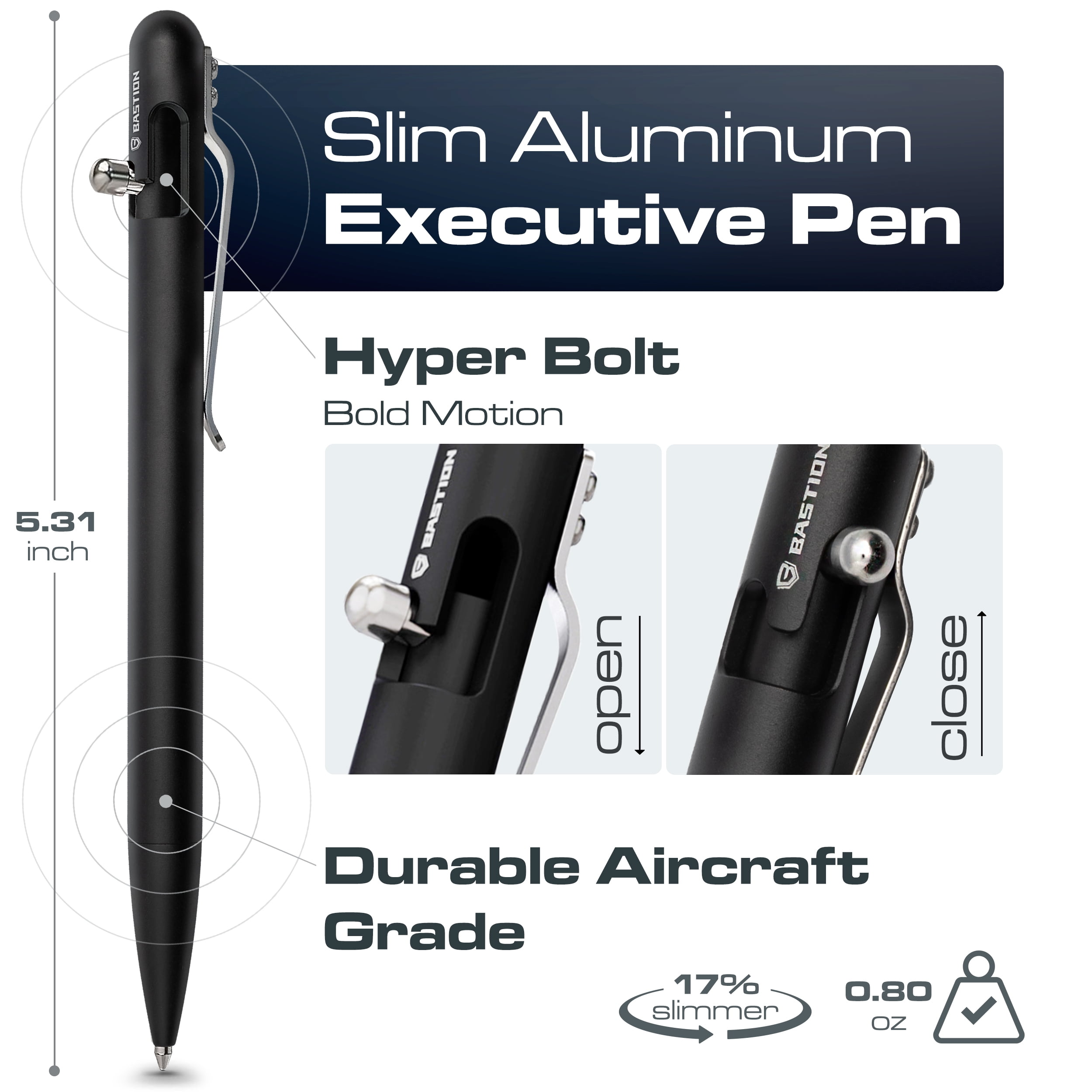 Bastion Aluminum Slim Bolt Action Pen, Jet Black, Ballpoint Refillable, 1 Count