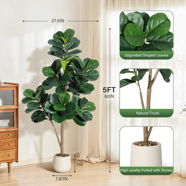 5 ft artificial fiddle leaf fig tree con 77 leaves - realistic faux ficus lyrata in 78 in blanca planter pot, perfect para home, oficina, sala de estar decor y housewarming gifts