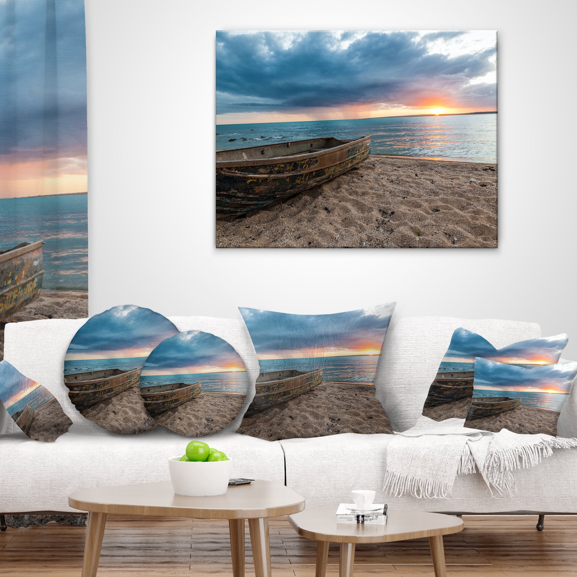 Designart Rusty Row Boat on Sand at Sunset - Seascape Throw Pillow - 16x16