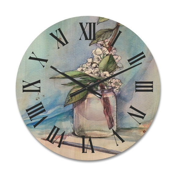 Designart 'Cherry Blossom Flowers In Glass Jar' Farmhouse Wood Wall Clock