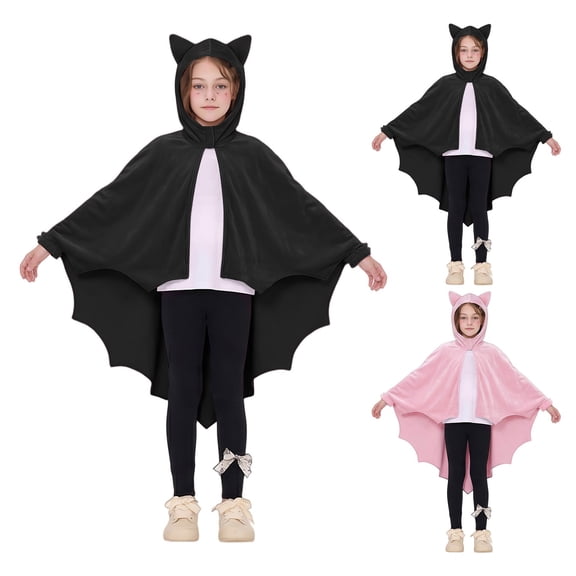 Helii Bat Wing Hooded Cape for Youth Teens Soft Drapable Lightweight Open Front Poncho Cloak with Pointed Ears and Jagged Hem Halloween Party Dress Up Role Play Wear Black Pink