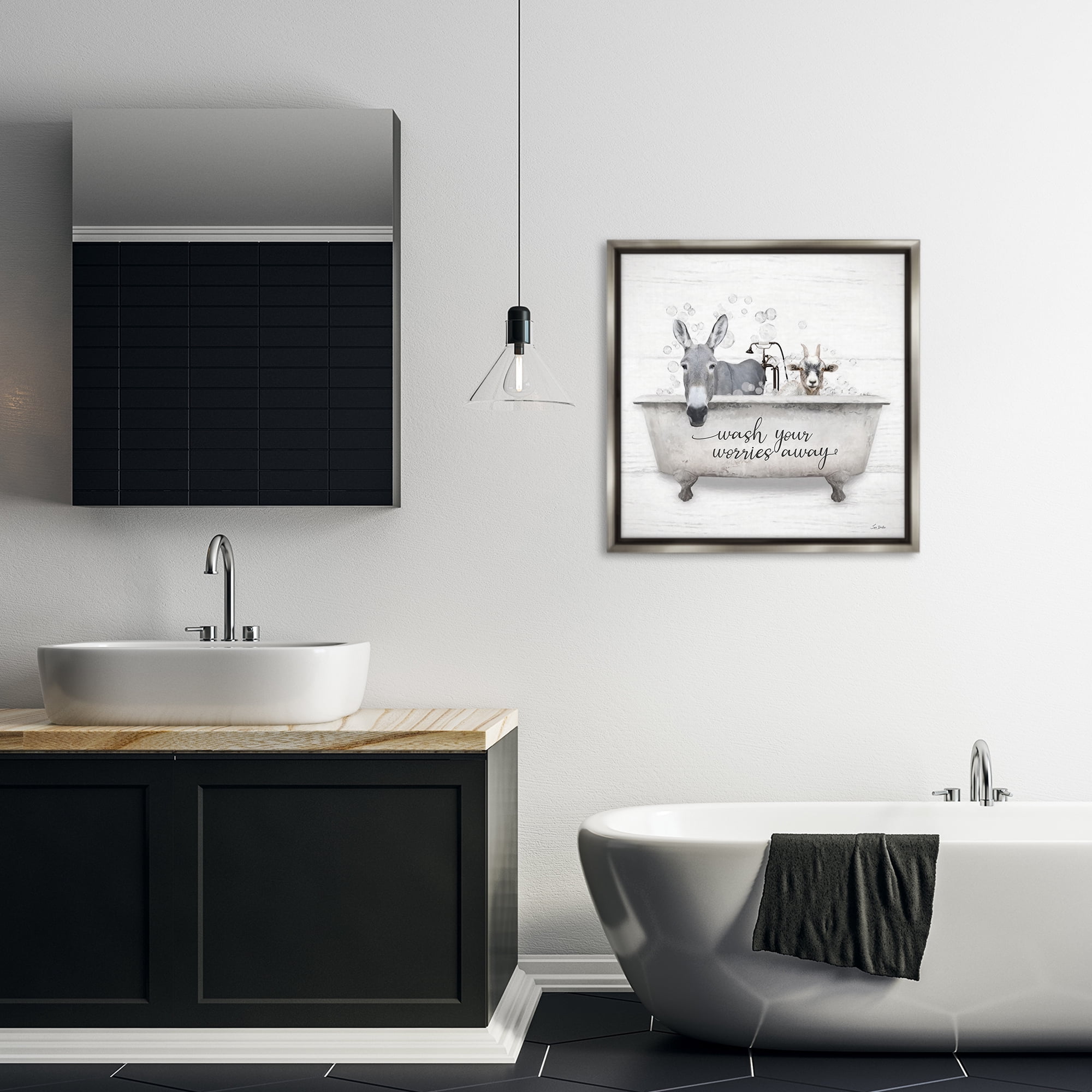 Stupell Industries Wash Worries Away Tub Typography Painting Gray Floater Framed Canvas Art Print Wall Art, 25 x 25