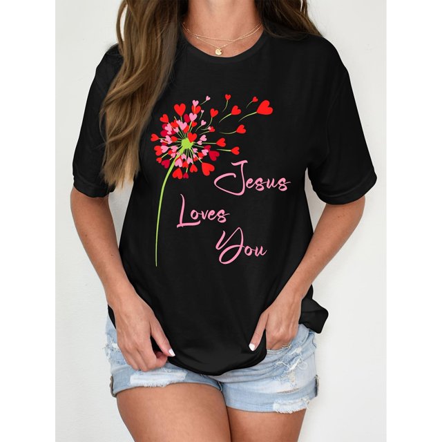 Women's "Jesus Loves You" Dandelion Graphic T-Shirt - Soft, Crew Neck, Short Sleeve, Comfortable & Casual with Heart Accents, Machine Washable