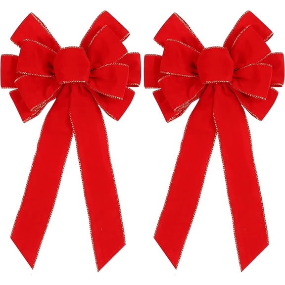 2 Pack Red Christmas Bows Outdoor Decorations,12”x20” Large Christmas Tree Topper Bow, Velvet Wreath Bow with Glitter Gold Edge for Xmas Home Front Door Decor