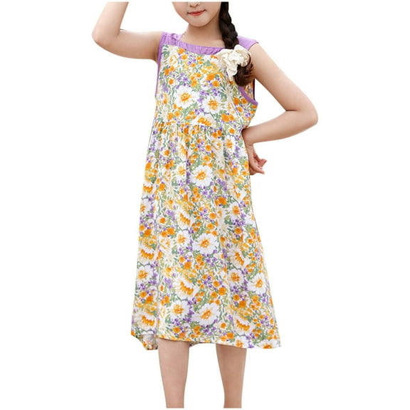 Agkizg Girls Sleeveless Tank Dresses Crewneck Flower Print Casual A Line Flower Girl Sundress Dresses