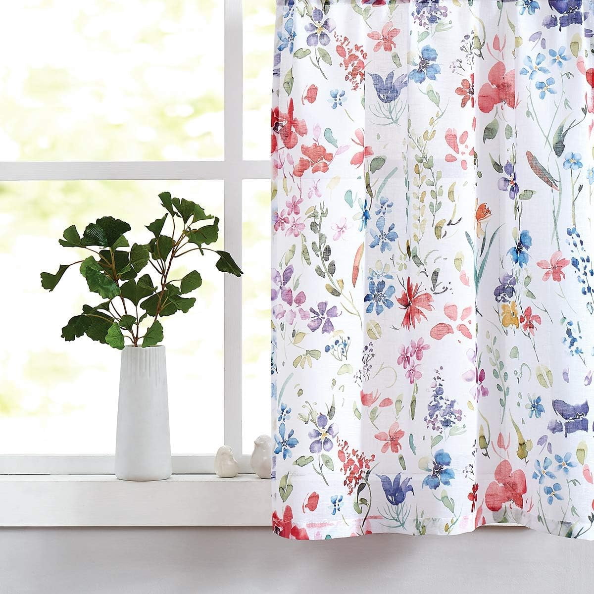 Floral Kitchen Curtains 36 inch Length Multi Color Red Flower Farmhouse Short Cafe Curtains Faux Linen Small Window Curtains for Bathroom 28" W x 36" L 2 Panels,Rod Pocket