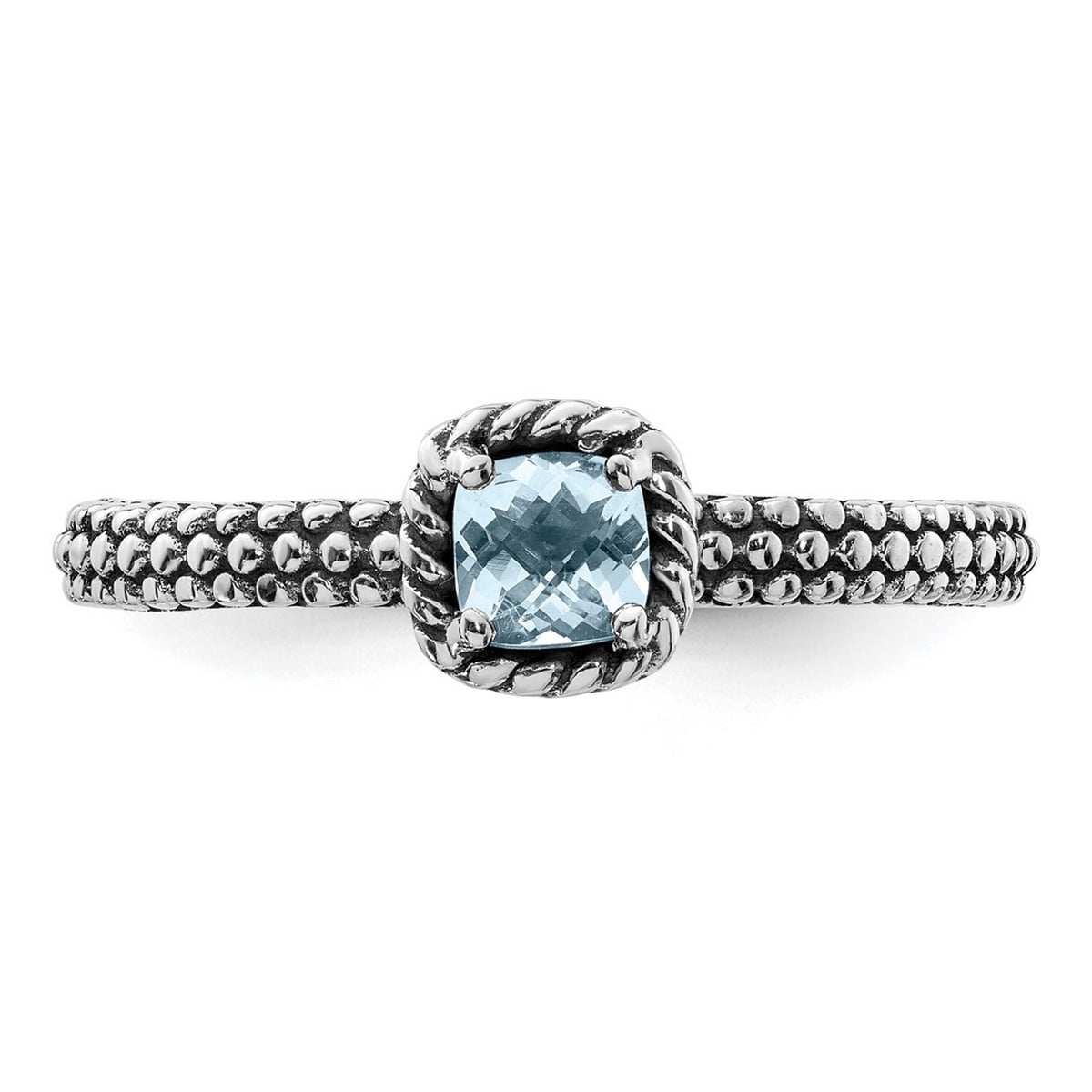 2.5mm 925 Sterling Silver Prong set Oxidized Stackable Checker-cut Aquamarine Antiqued Ring Size 9 Stackable Ring for Wo