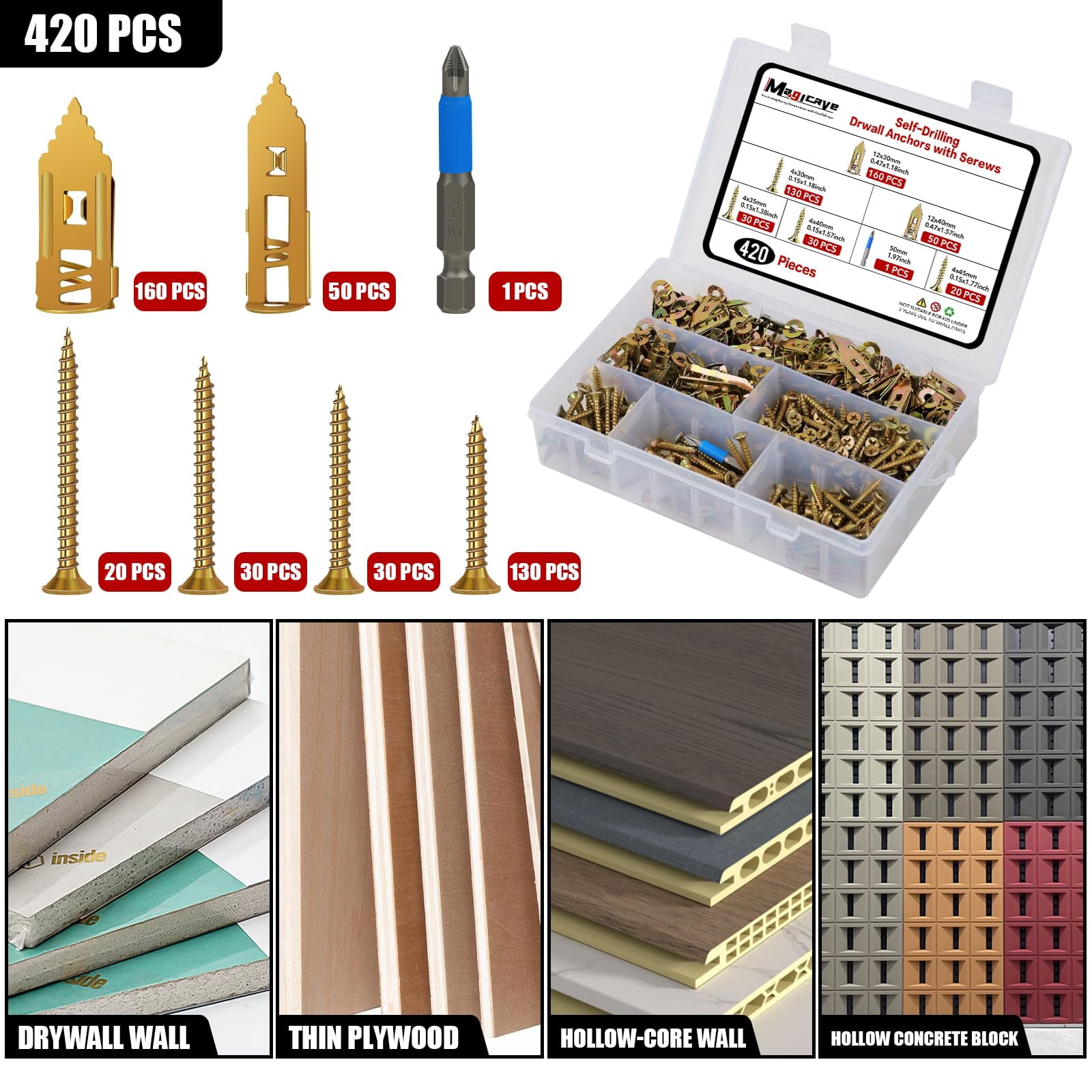 200 Pcs Self Drilling Drywall Anchors with Screws Kit, Metal Expansion Bolt for Drywall,No Drill Or Holes in Wall, Holds Up to 100lbs, for Tv, Shelves, Picture Frames