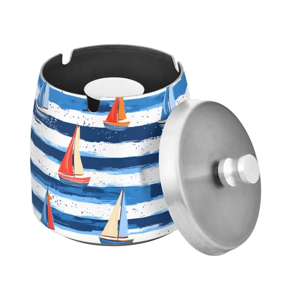 Yayeee Ashtray with Lid for Cigarette Smokeless Stainless Steel Home Ash Holder, Blue Sailboats
