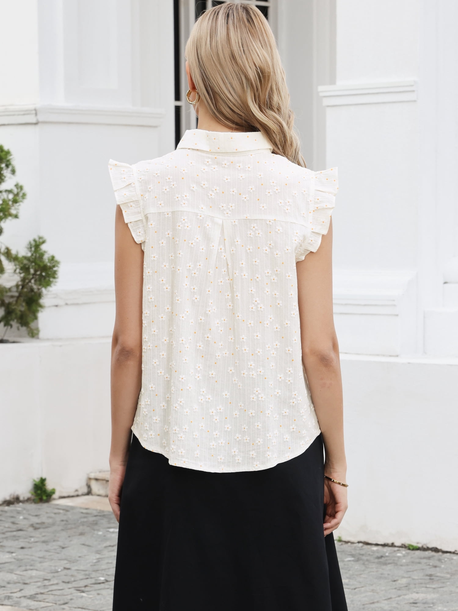 DARING DIVA Women's Cute Floral Tops Ruffle Cap Sleeve Button Down Dressy Shirts S White