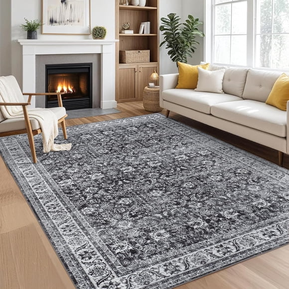 YUSAZENS 5 x 7 Washable Vintage Floral Area Rugs for Living Room, Soft Large Bedroom Carpet, Retro Classic Non-Slip Low Pile Floor Rugs for Dining Room, Indoor Farmhouse Style Carpet Gray-Black