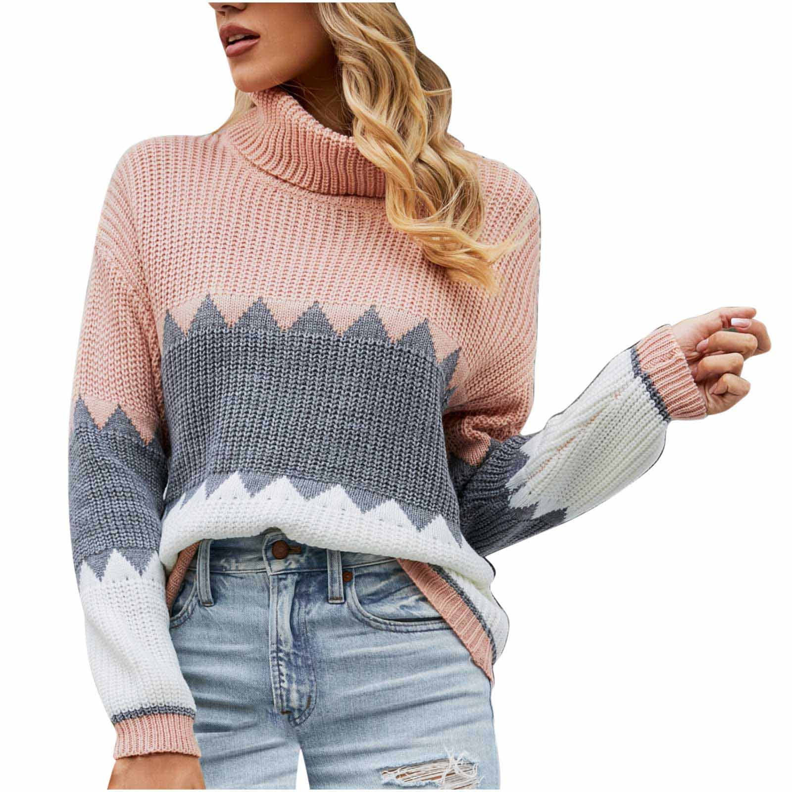 PRINxy Tops for Women Casual Loose Striped Color Matching Sweater Oversize  Turtleneck Long Sleeve Knit Tops Fall Winter Pullover Drop Shoulder Blouse  Shirts Pink XL - Walmart.com