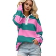 thumbnail image 2 of Women Striped Color Block Polo Sweatshirt Lapel Collared Long Sleeve Oversized Shirt Trendy Spring Clothes (Purple M), 2 of 5