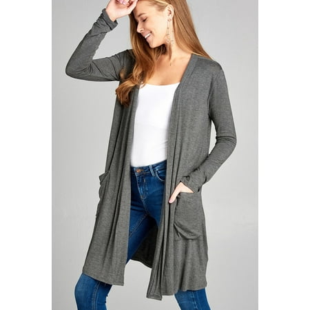 Easy Long Cashmere Cardigan Women's Lightweight Cardigan Knee Length Long Sleeve Draped Open Front with Pockets Several Colors ()