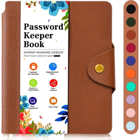 Password Keeper Book with Alphabetical Tabs, Small Internet Password Book for Webside Login, Internet Address and Password Book, Password Notebook for Organized, Brown