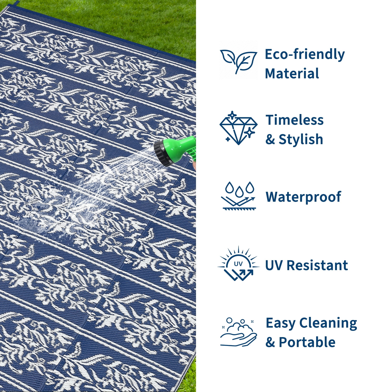 Nanan Outdoor Rug 8'x10' Waterproof Reversible Outdoor Patio Rug Plastic Straw Floral Mat for Camping Balcony Backyard RV Picnic, Dark Blue White