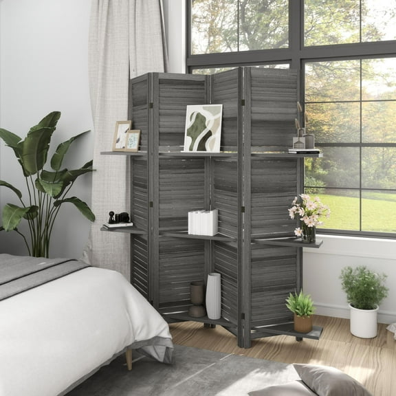 Kadyn Room Divider with 3 Shelves and Folding Storage, Screen Wall Divider for Bedroom, Home Office, Gray