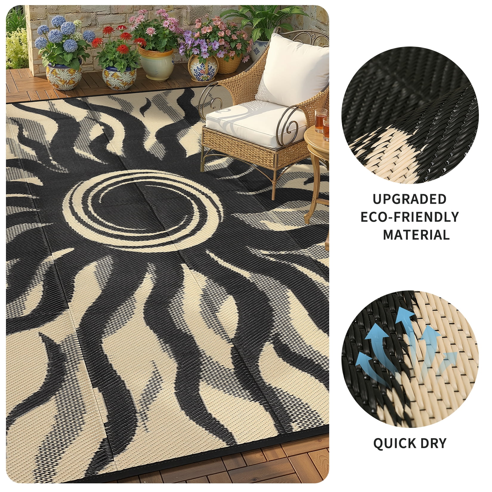 Garvee 9x12ft Outdoor Rug Waterproof Reversible Plastic Straw Rug, Modern Boho Sun Pattern Rug, Large RV Camping Mat Portable Outdoor Carpet for Patio, Balcony, Picnic, Beach, Deck, Black/Coffee