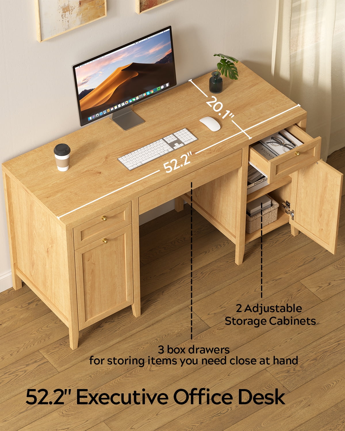Joyyskill 52" Executive Desk with Storage Drawer, Farmhouse Home Office Desk with Storage Cabinet Wood Computer Writing Desk, Natural Oak