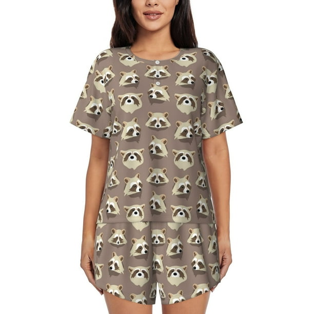 Balery Raccoon Conjunto de Pijama para Mujer con Estampado, Dos Piezas de Manga Corta y Shorts, Ropa de Dormir Suave con Cuello Redondo y Bolsillos-Medium
