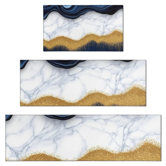 Blue Marble Gold Wave Pattern Kitchen Rugs Sets Of 3,Kitchen Runner Rugs Non Skid Washable,Decorative Kitchen Floor Mats for Kitchen,Sink,Laundry,17"x30" 17"x47" 17"x59"