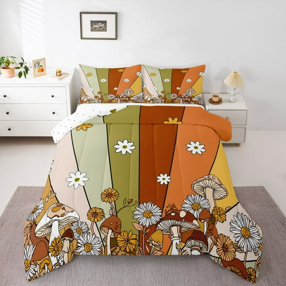 Homewish Rustic Daisy Twin Comforter Set,Colorful Geometric Striped Mushroom,Luxury Reversible Decor For Kids,2-Piece