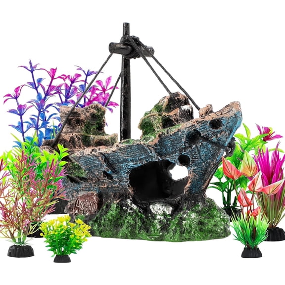 8Pcs Fish Tank Decorations Set, Resin Fish Tank Accessories, Shipwreck Decoration and Aquatic Plants