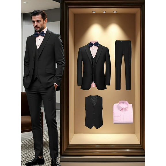 Beauty-Emily Men's 4-Piece Formal Suit Set, Tuxedo, Vest, Pants, Bow Tie, for Wedding, Business, Party, Banquet, Interview, Formal Events, Graduation