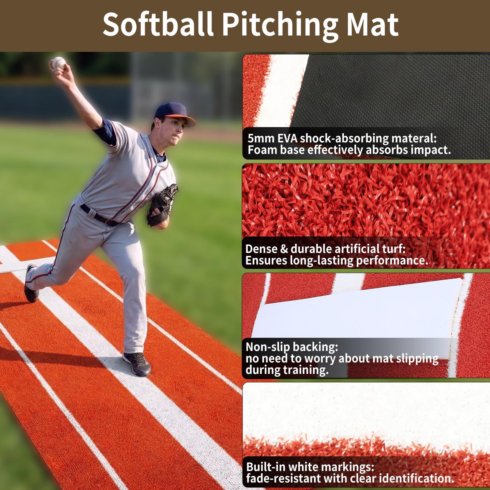 Knpot 3x10FT Softball Pitching Mat, Portable Nylon Fastpitch Equipment Pitcher Training Indoors & Outdoors,  Trainer Practice Tools for Baseball/Softball fields