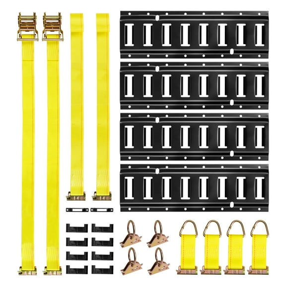 KFFKFF E-Track Tie-Down Rail Kit, 4-Pack 1.3 ft Tracks with Accessories, Includes Ratchet Straps, O-Rings, Tie-Offs, Single Slots, End Caps, and Storage Bag, Suitable for Garages, Vans, and Trailers