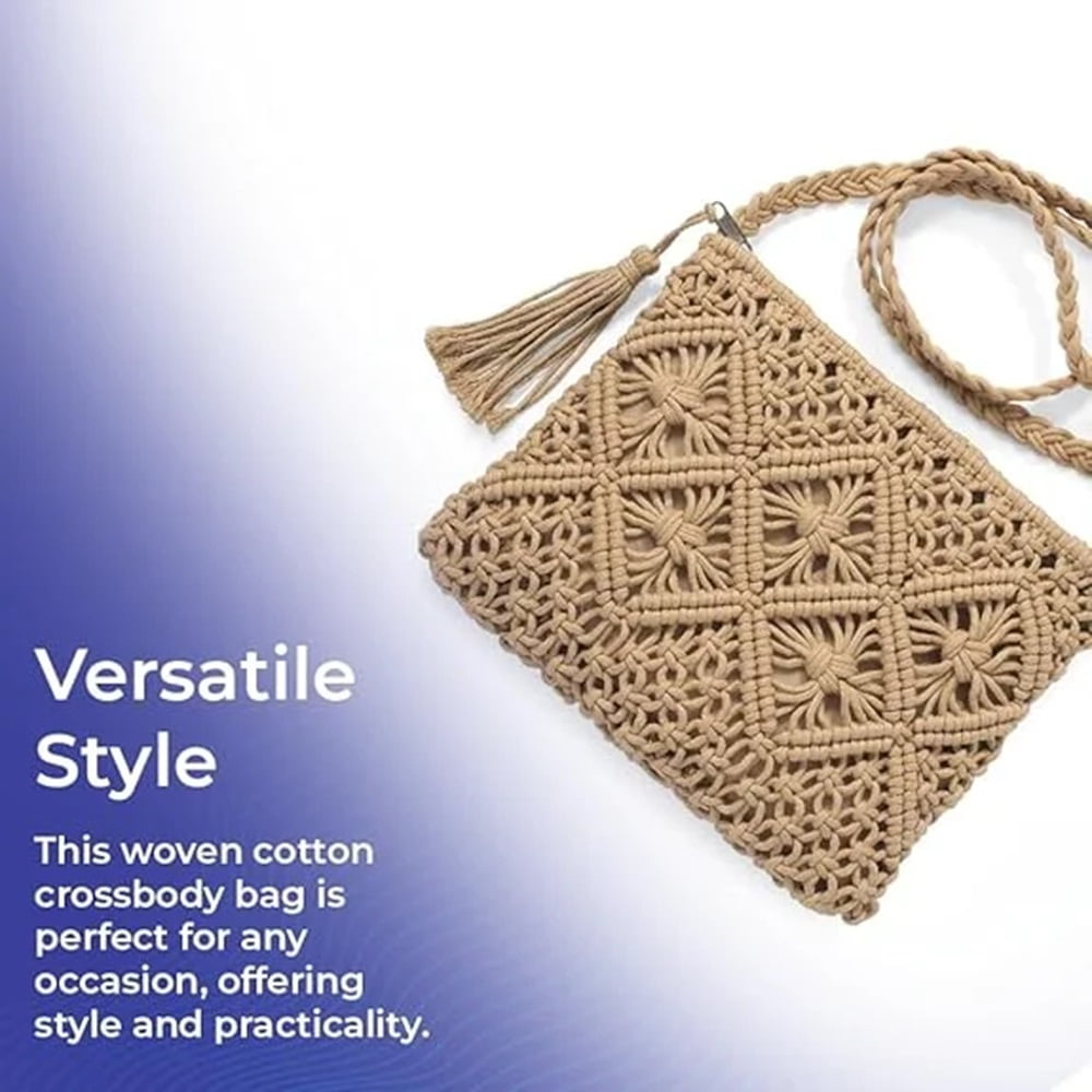 Woven Crossbody Bag for Women, Cotton Macramé Purse with Tassels, Boho Crochet Beach Summer Handbag for Vacations, 10” x 8”