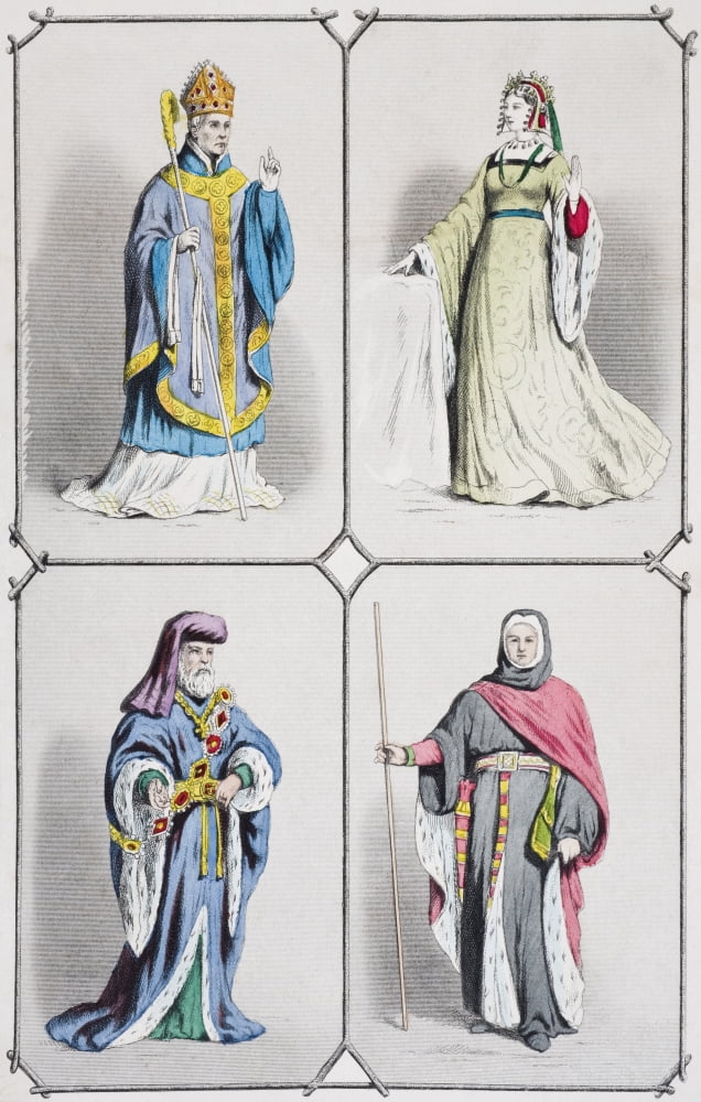 English Costumes Between 1392 And 1413 Bishop CountessEarl And Judge From The National And Domestic History Of England By William Aubrey Published London Circa 1890 Canvas Art - Ken Welsh Design Pics