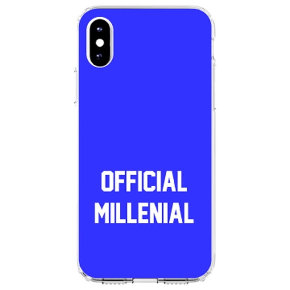 DistinctInk Clear Shockproof Hybrid Case for iPhone XS Max (6.5" Screen) - TPU Bumper, Acrylic Back, Tempered Glass Screen Protector - Official Millenial - Blue & White