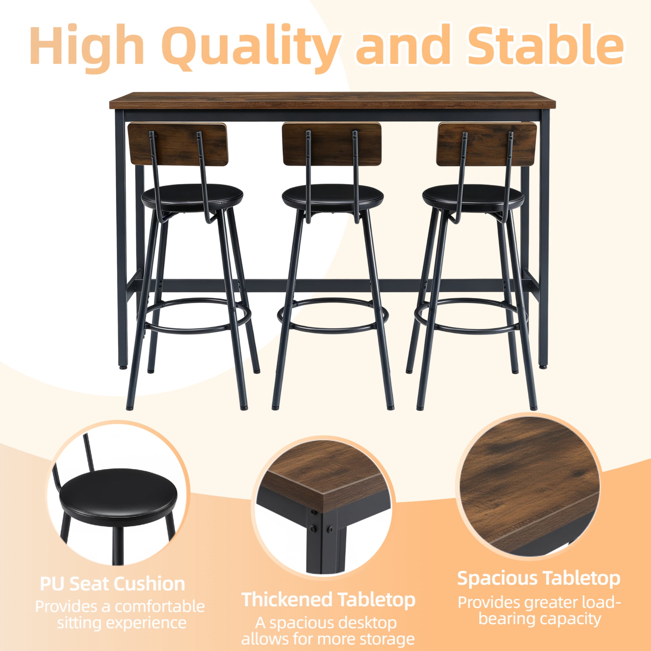 Noble House 4-Piece Industrial Bar Table and Chairs Set, Kitchen Dining Table with 3 Faux Leather Stools, Rustic Brown