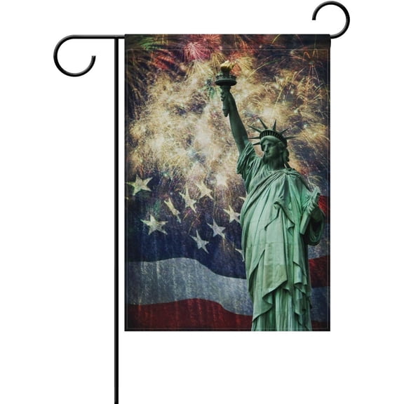 Statue of Liberty American Flag Fireworks Independence Day Decorative Double Sided House Flag 28 x 40 inch
