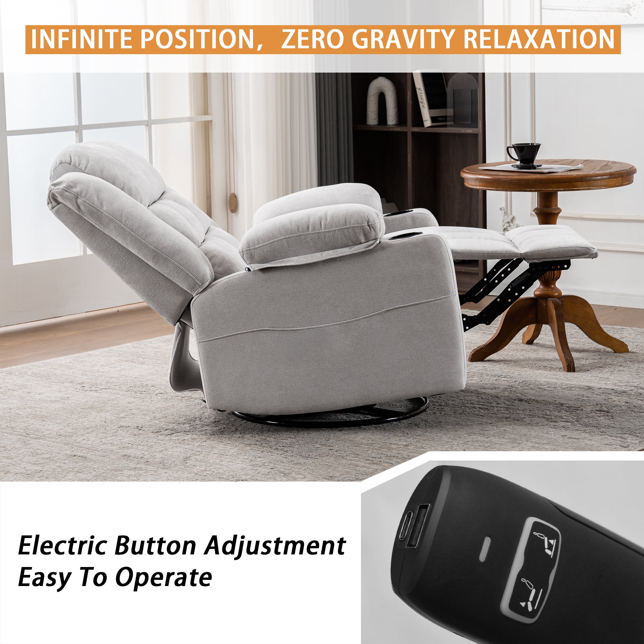 Sfxingyou  Power Swivel Rocker Recliner Massage Chair, USB and Type-C Ports, Electric Recliner Glider Reading Chairs Living Room, Upholstered Soft Fabric Reclining Sofa Chair,Grey