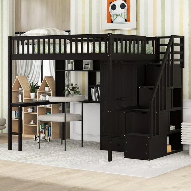 Bellemave Wood Full Size Loft Bed Frame with Storage Wardrobe, Desk
