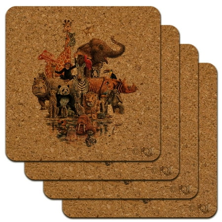 

Diverse Animal Family Reunion Elephant Giraffe Panda Lion Walrus Hippo Low Profile Novelty Cork Coaster Set