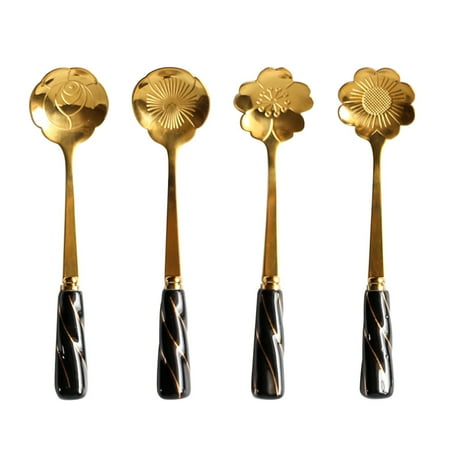 

4pcs Stainless Steel Ceramic Handle Spoons Coffee Stirring Spoons Delicate Flower Dessert Scoop (Black)