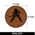 thumbnail image 2 of Hockey Player Holding Hockey Stick 2.5" Faux Leather Round Engraved Iron-On Patch - Brown, 2 of 6