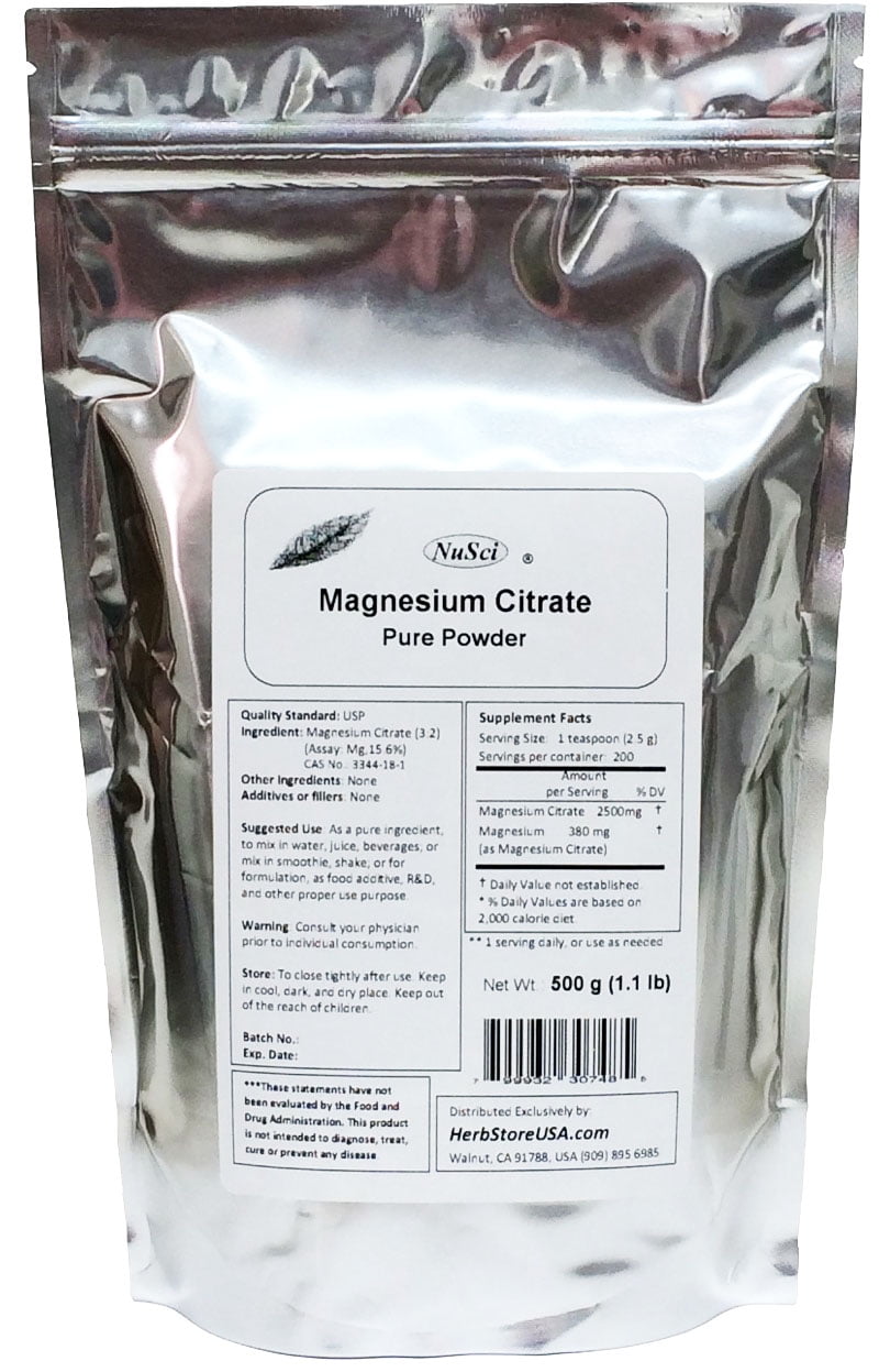 NuSci Magnesium Citrate Powder 500g (1.1 lb) Bulk Pure energy and